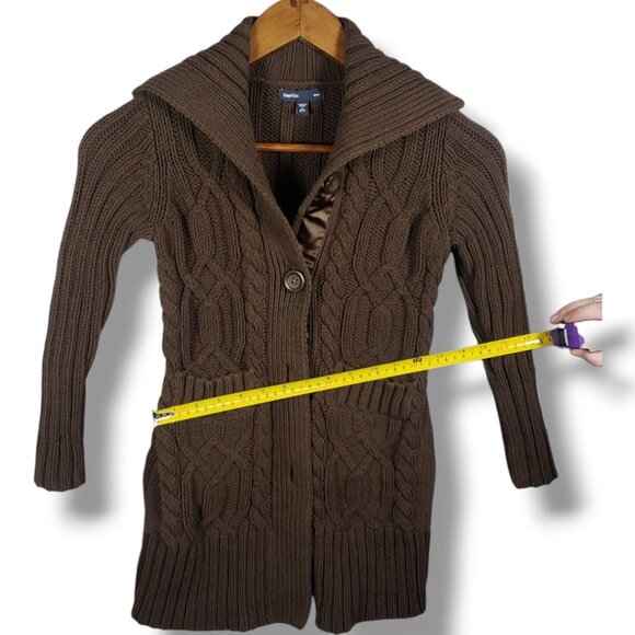 GAP Kid 6/7 Brown Cable Knit Cardigan Collar Button Pocket Dark Academia Preppy - Picture 4 of 8